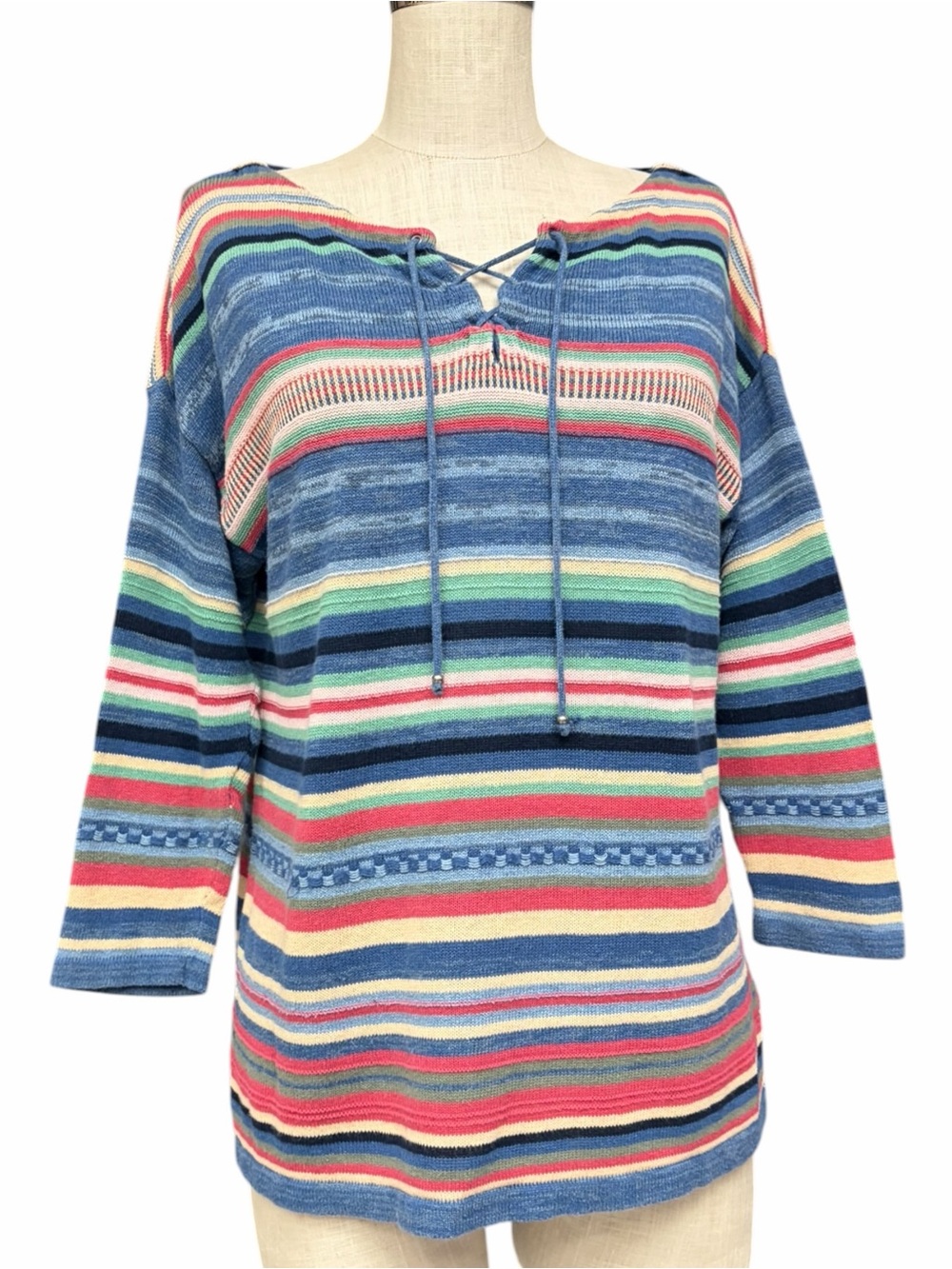 Chaps Denim Striped Lace-Up Knit Sweater Pullover Medium